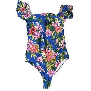 Kona Sol One Piece Swimsuit Women Plus‎ Size 20W Off Shoulder Blue Floral Ruffle